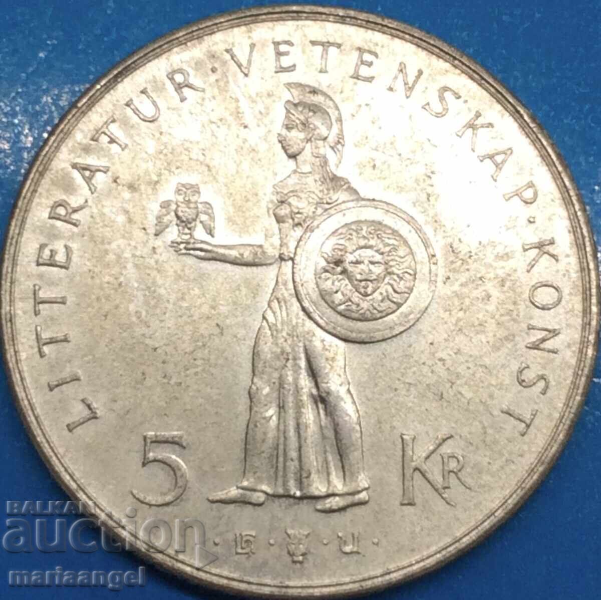 5 кронар 1962 Швеция Густав V Адолф сребро UNC патина