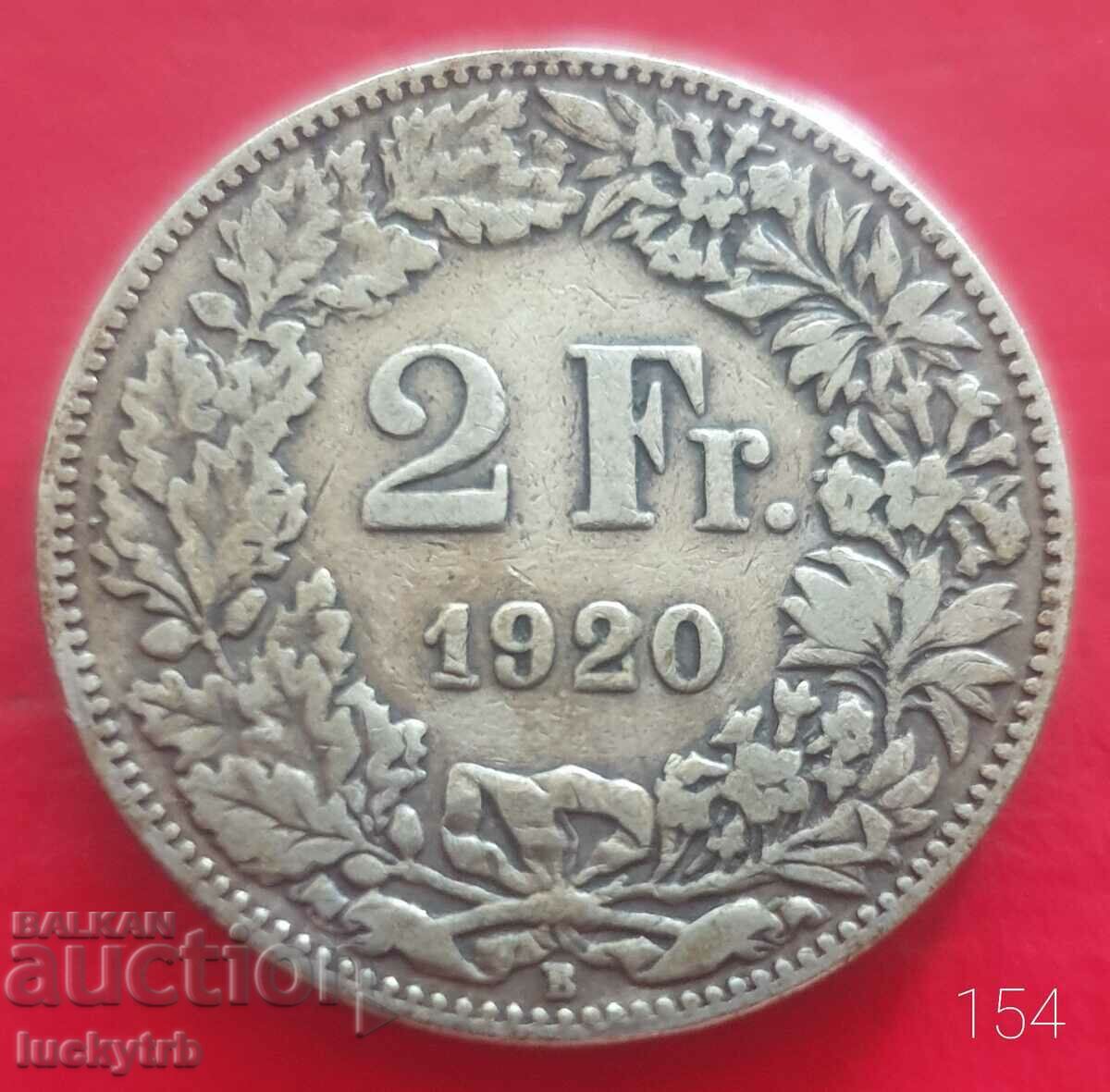 2 francs 1920 - Switzerland - Silver - Uncleaned