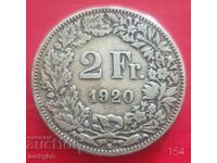 2 francs 1920 - Switzerland - Silver - Uncleaned