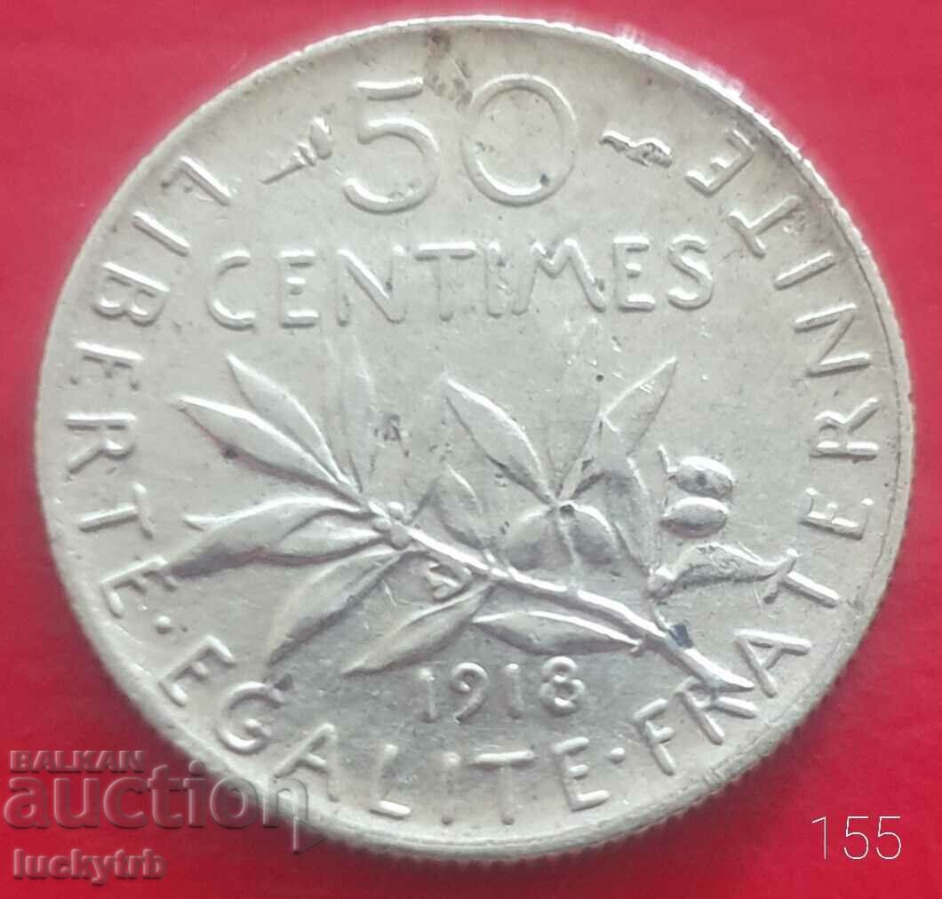 50 centimes 1918 - Γαλλία - Ασημένιο