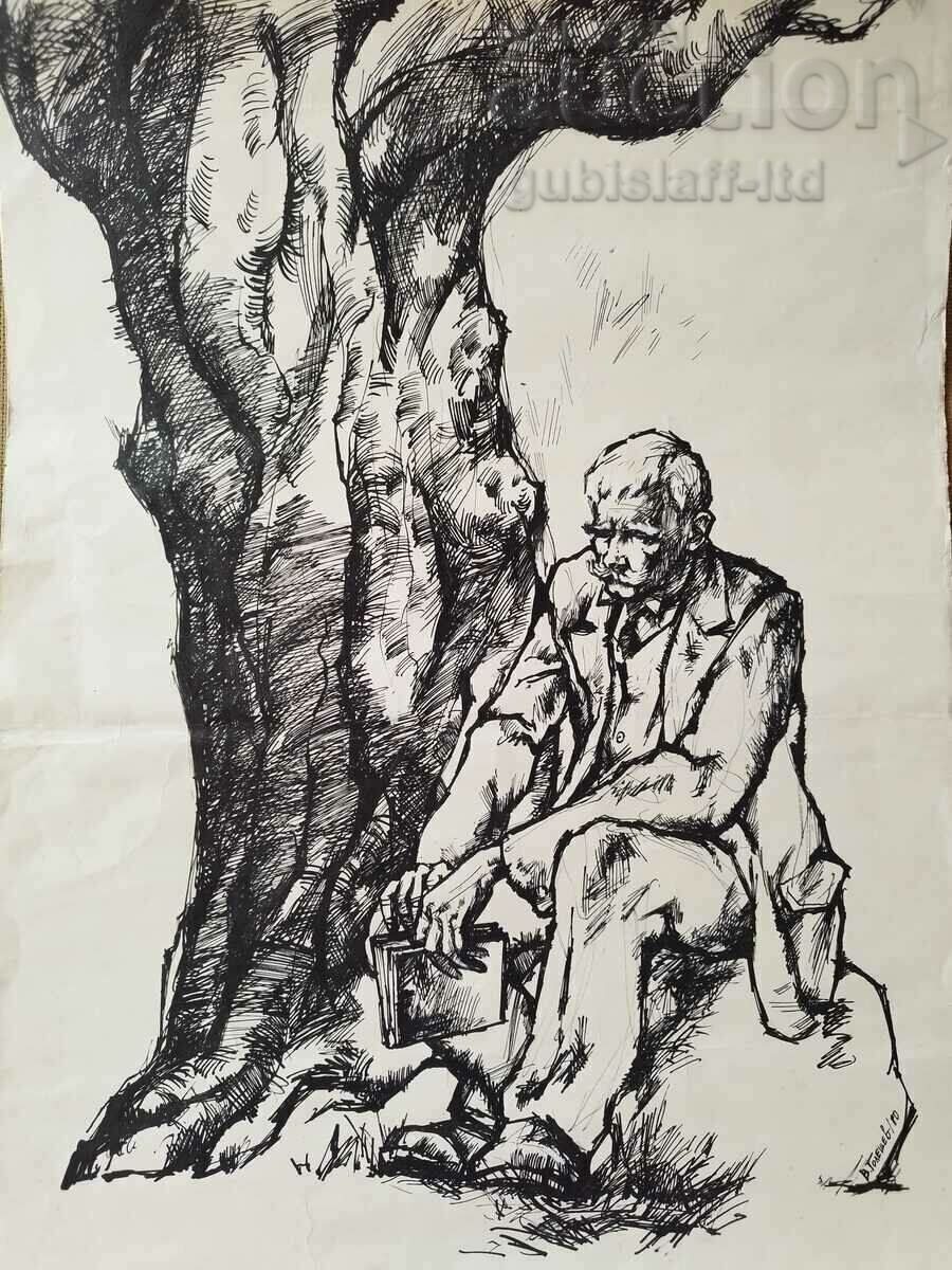 Painting, drawing, Ivan Vazov with a book, art. V. Goleshev 1980