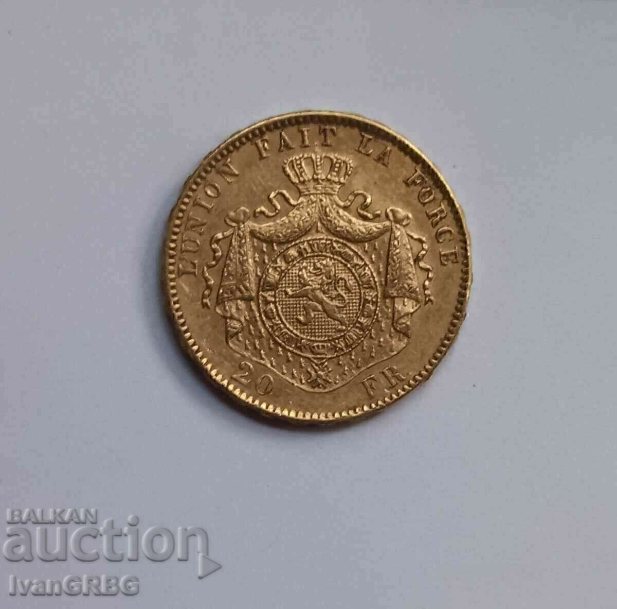 Auction 20 Francs Belgium 1878 King Leopold II Gold Coin Auction 20 Francs Belgium 1878 King Leopold II Gold Coin