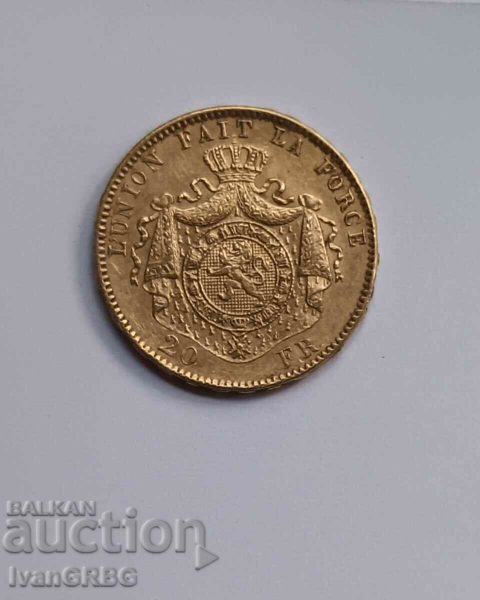 20 Francs Belgium 1878 King Leopold II Gold Coin