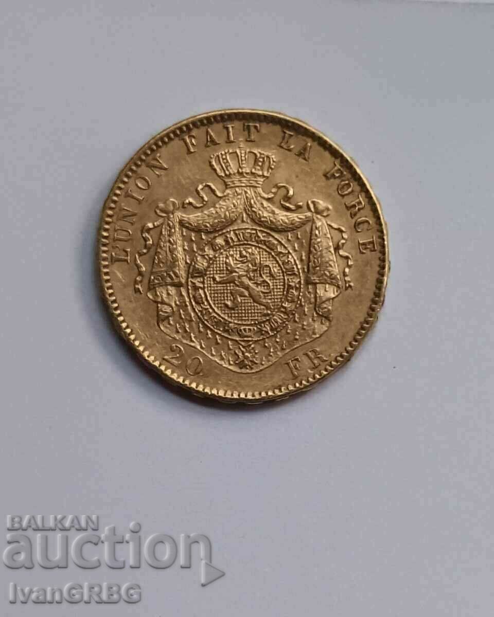 20 Franci Belgia 1878 Regele Leopold al II-lea Monedă de aur