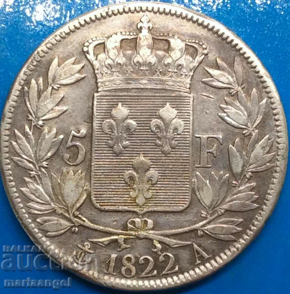 France 5 Francs 1822 A - Paris King Louis XVIII Silver