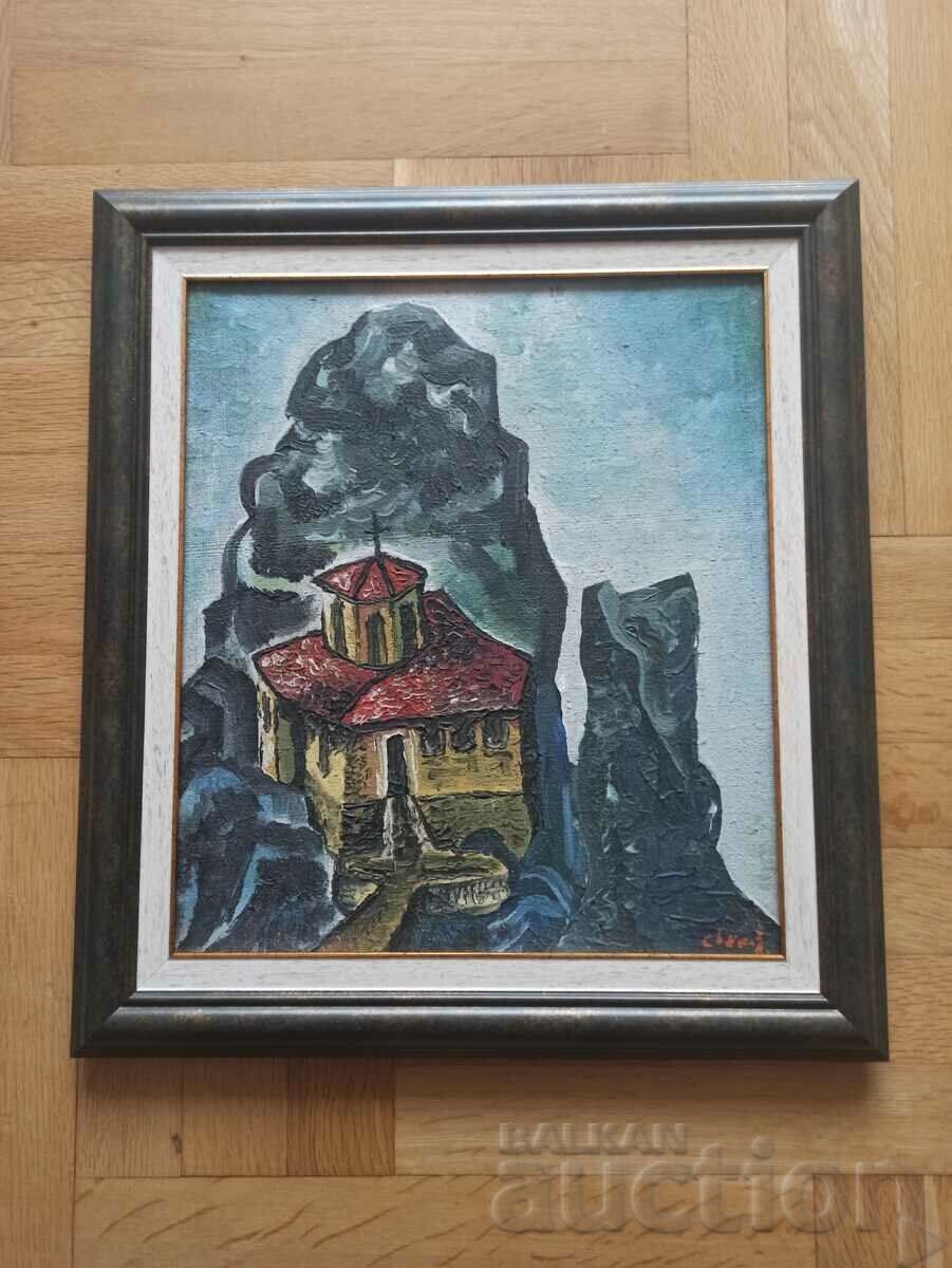 Pictură originală foarte veche, Meteora, ulei pe pânză.