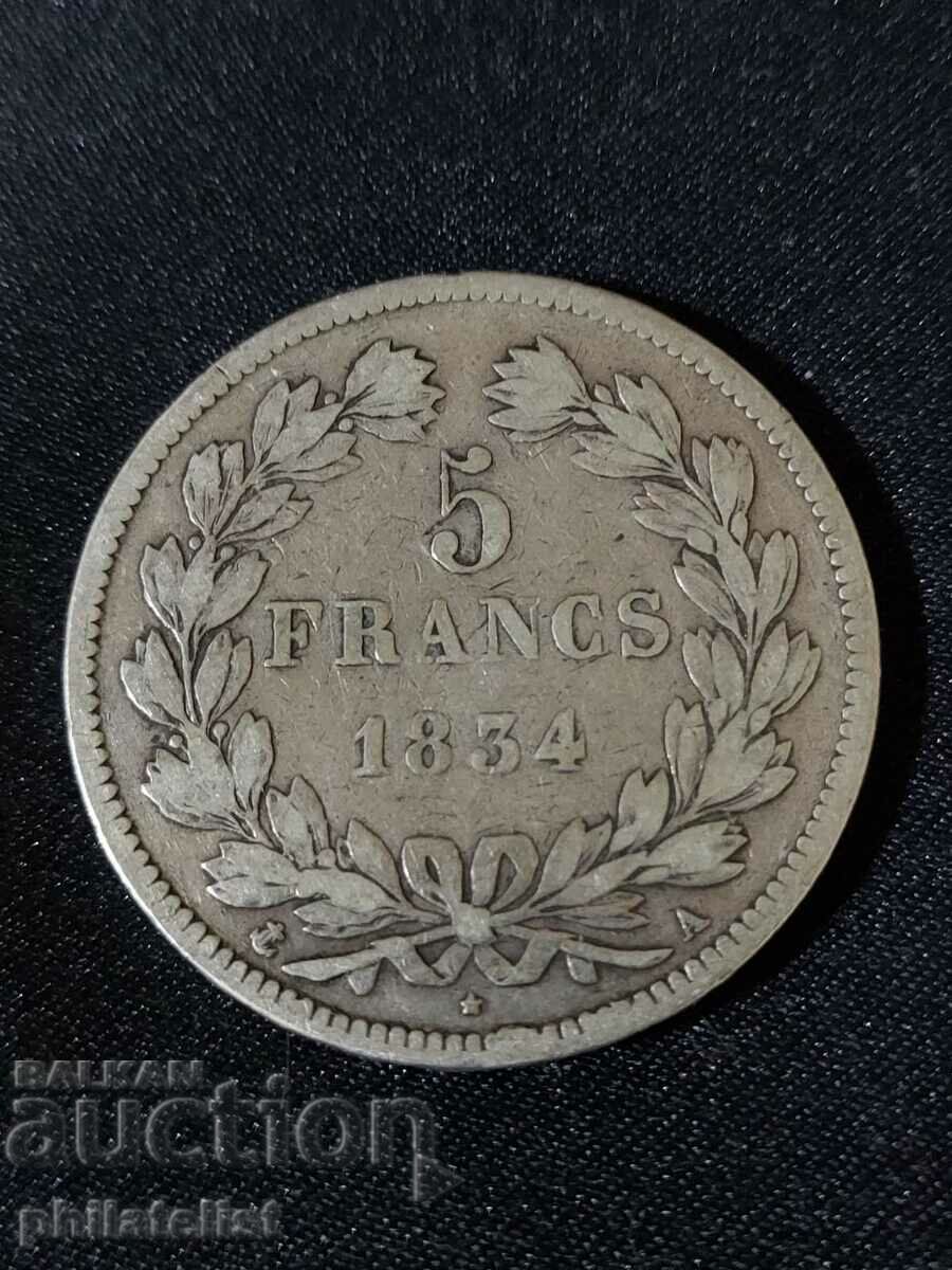 France 1834 A - 5 francs - Silver coin