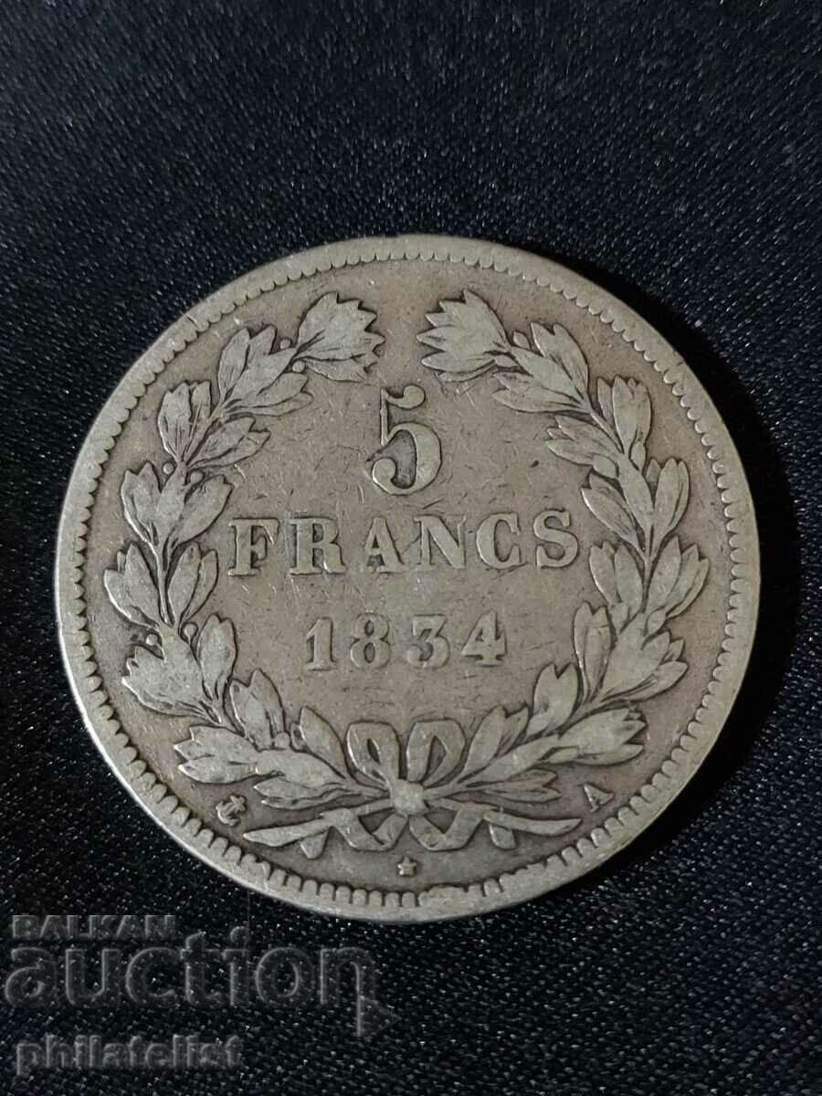 Franța 1834 A - 5 franci - Monedă de argint