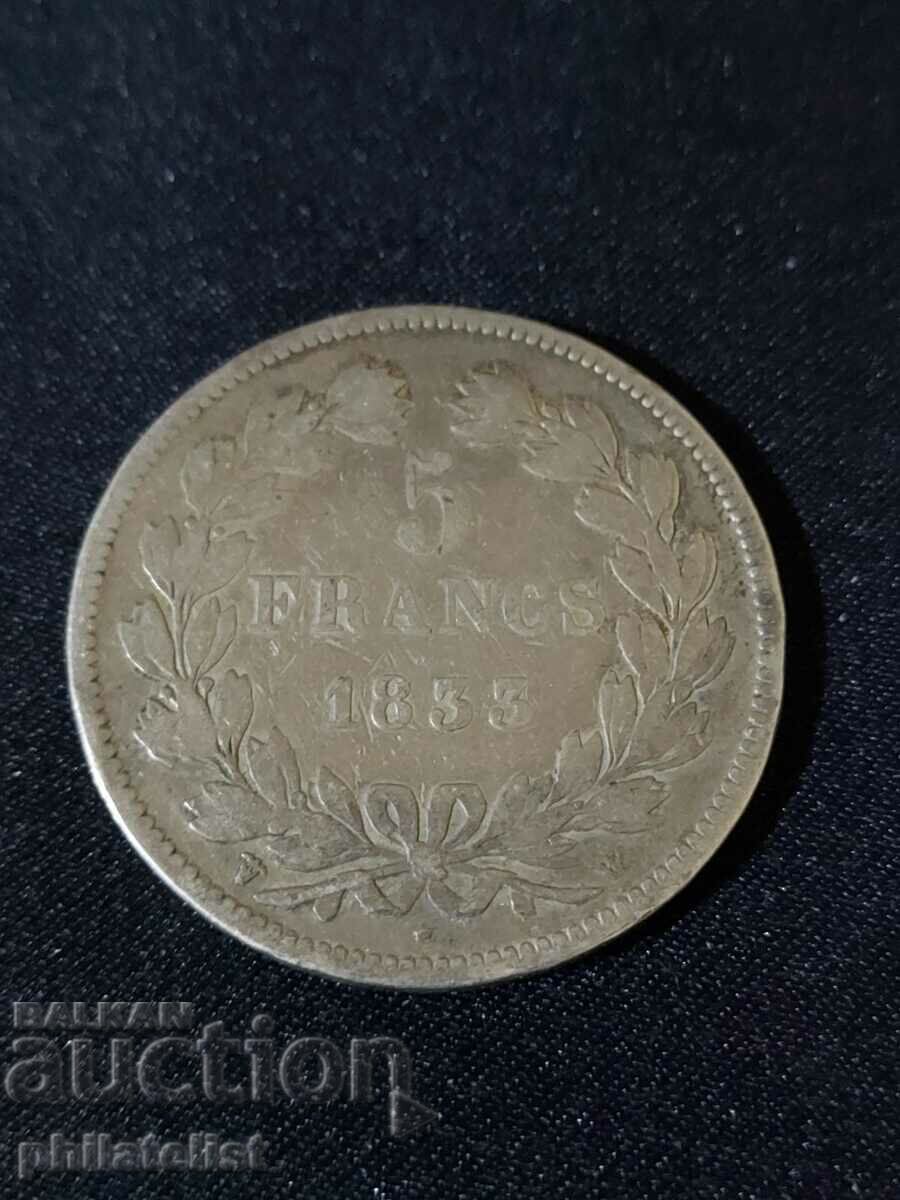 France 1833 W - 5 Francs - Silver Coin