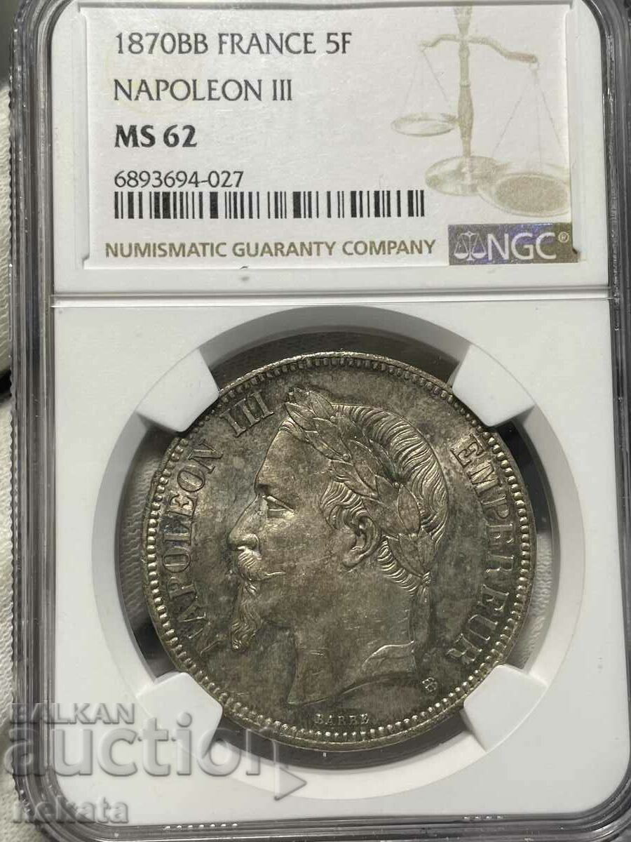 5 Franci 1870 BB Împăratul Napoleon III NGC MS62