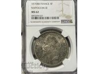 5 Franci 1870 BB Împăratul Napoleon III NGC MS62