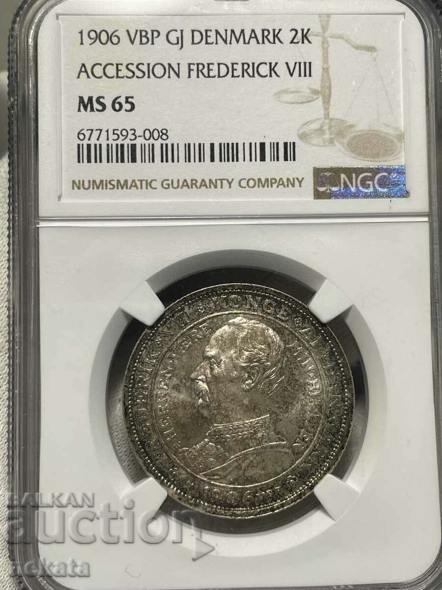 Danemarca 2 Krone, 1906 NGC MS65 Argint