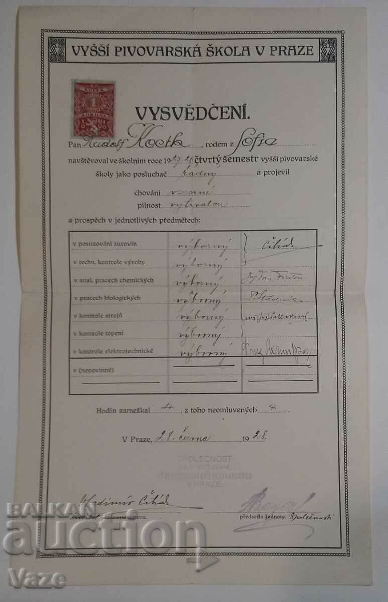 Higher Brewing Institute Prague 1928 Diploma