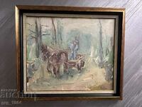 Old picture grandfather with a wagon oil paints canvas