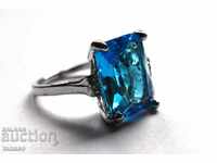 Ring with large aquamarine, white rhodium plating #60