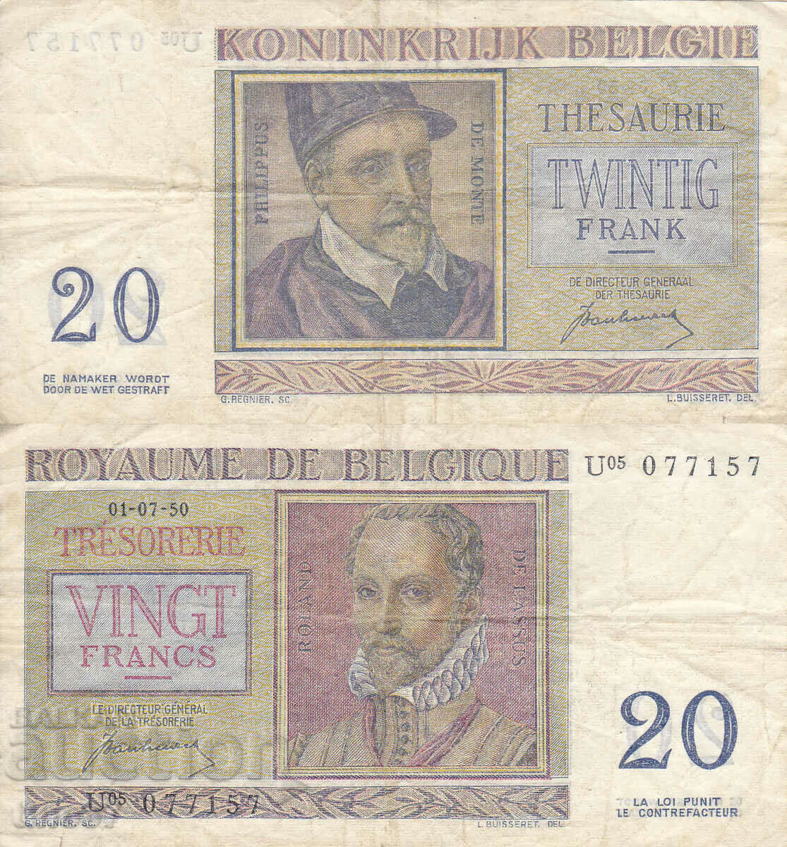 tino37- BELGIA - 20 FRANC - 1950 - F+