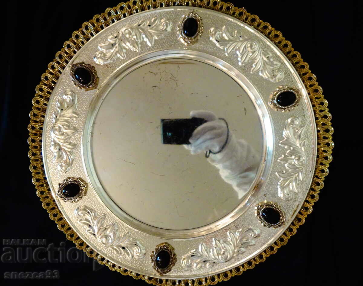 Old silver tray, relief, onyx.