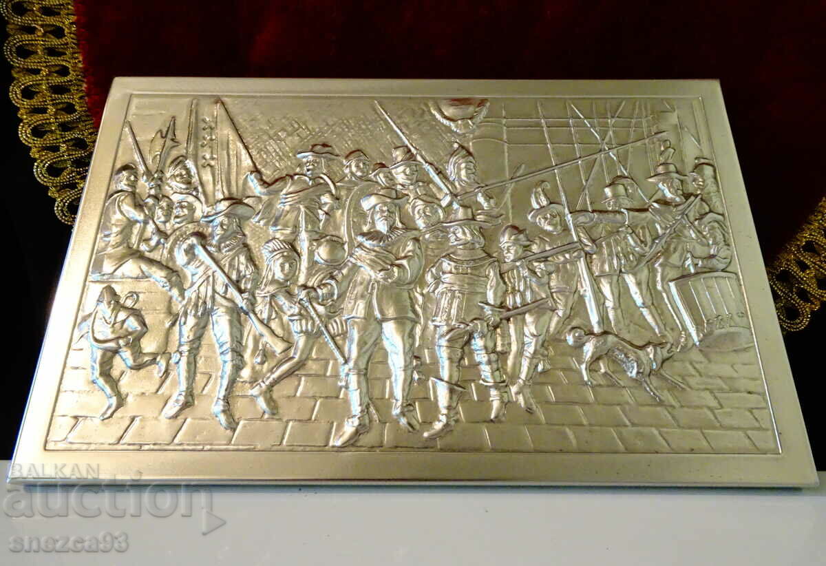 Silver-plated relief panel, picture Musketeers.