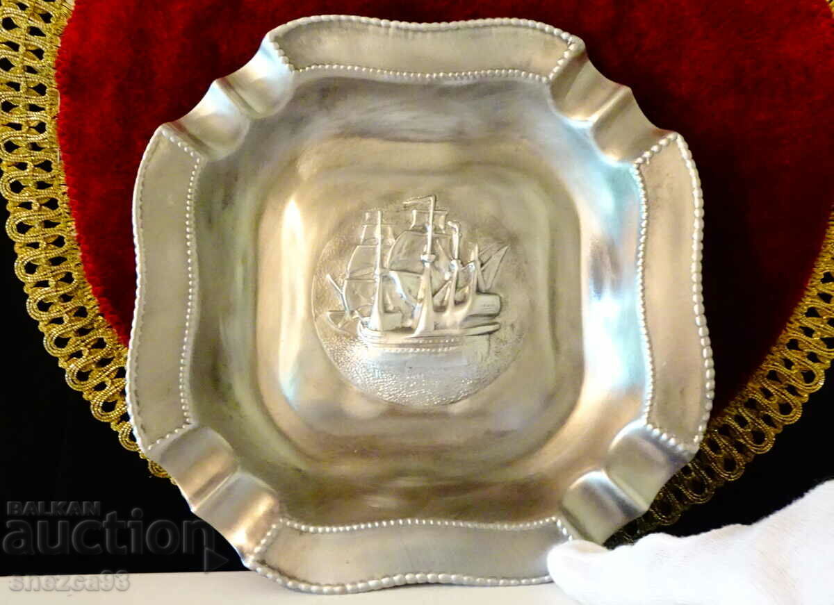 Massive pewter ashtray with Ship.