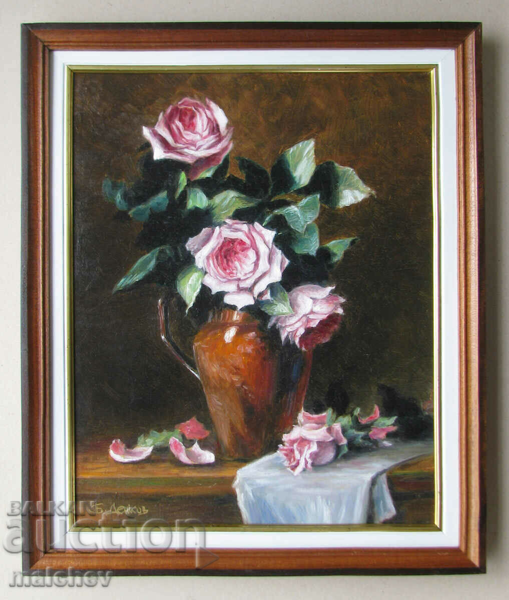 Oil painting Roses in a vase, B. Denkov, in a frame 50/59 cm