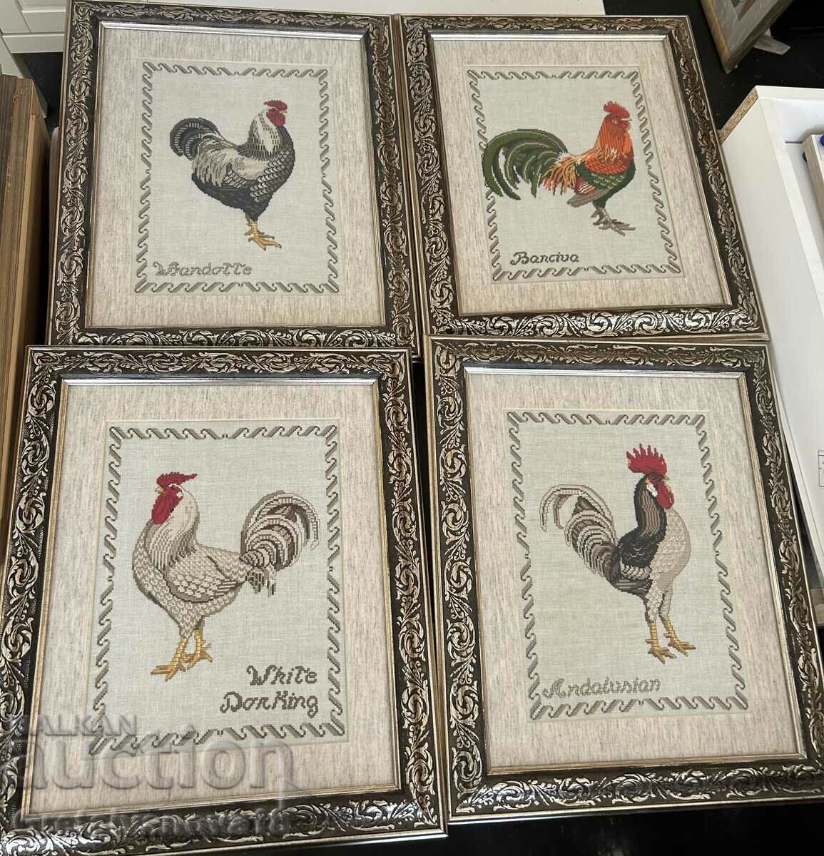 Rooster tapestries in a massive frame 4 pieces