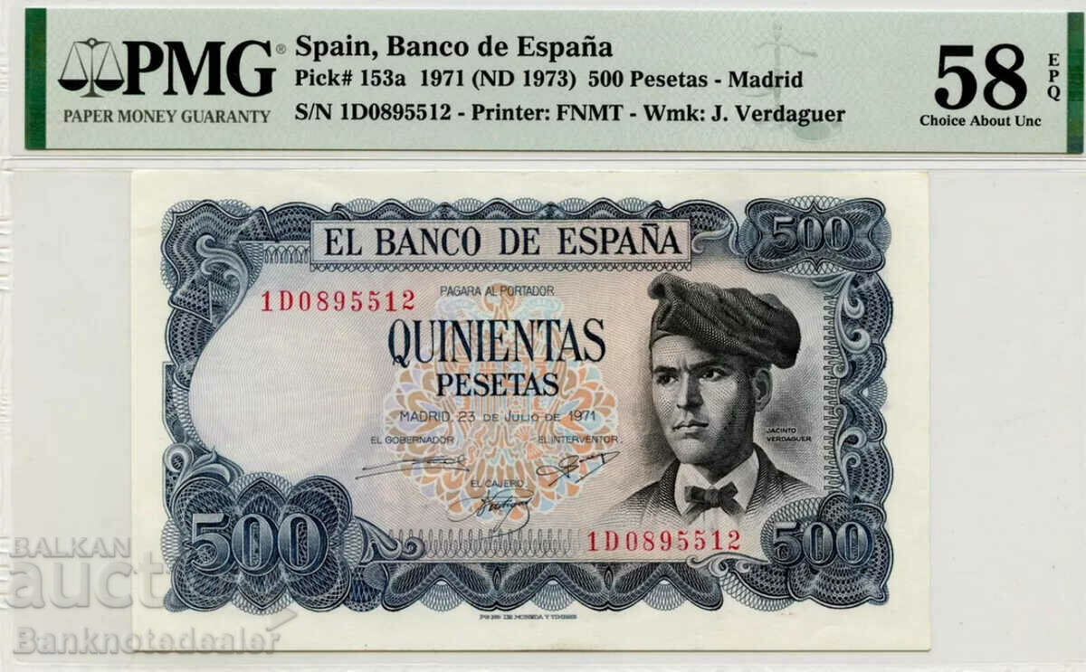 Spania 500 Pesetas 1971-73 Pick 153a PMG 58