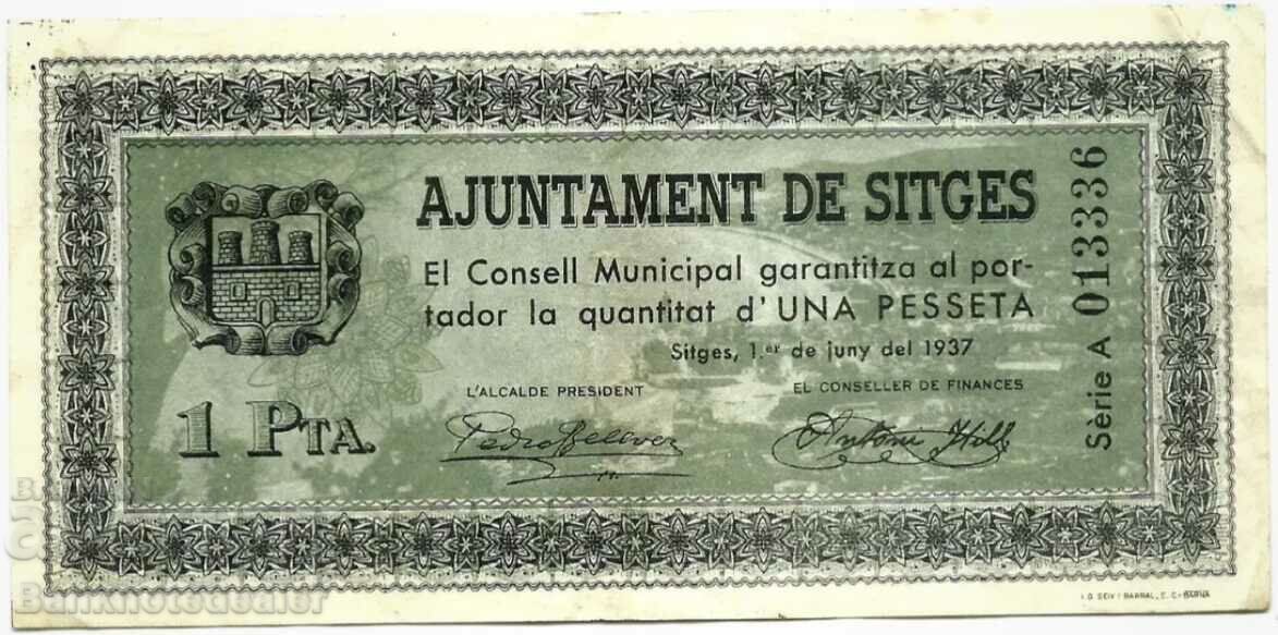 Spain Sitges 1 Peseta 1937 Banknote Local Cata