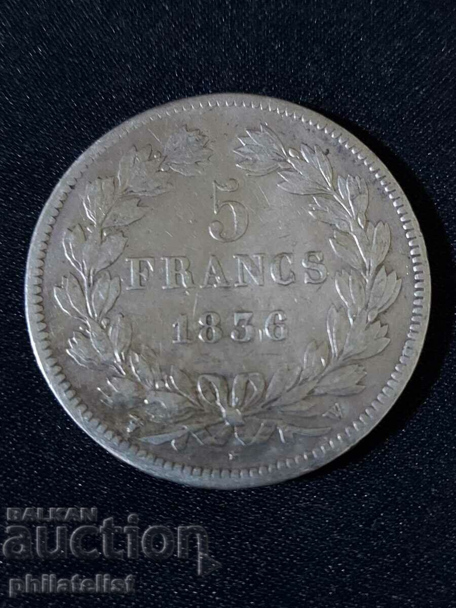 France 1836 W - 5 Francs - Silver Coin