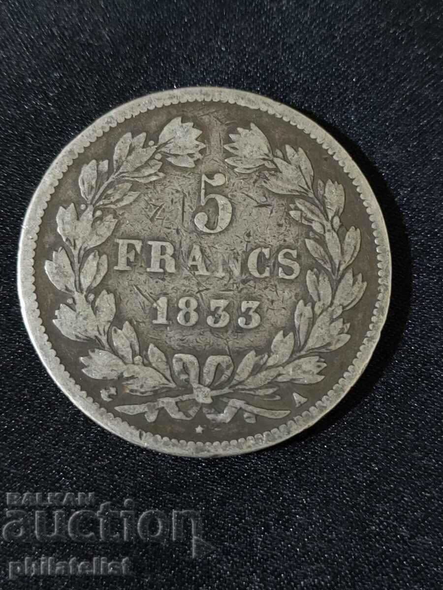 Franța 1833 A - 5 Franci - Monedă de argint #2