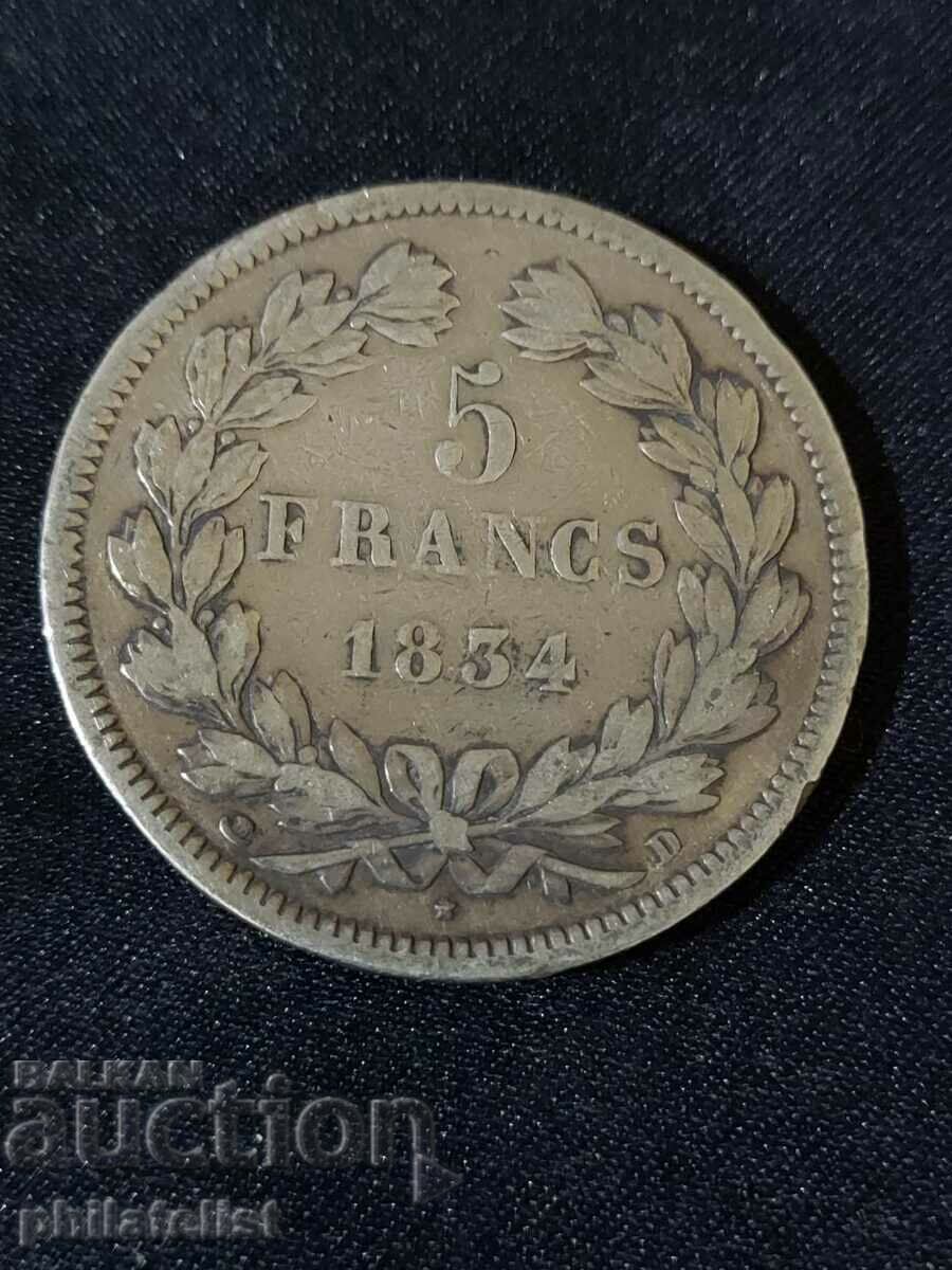 France 1834 D - 5 francs - Silver coin