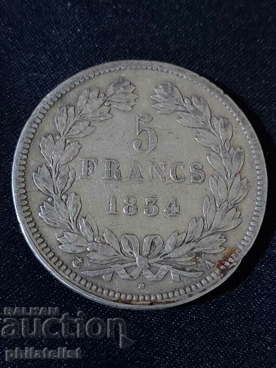 France 1834 A - 5 Francs - Silver Coin #5