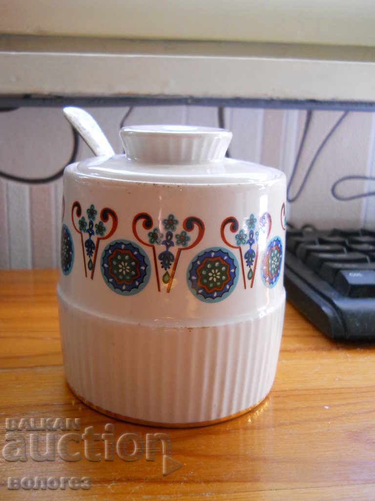 Porcelain sugar bowl with silver spoon (England)