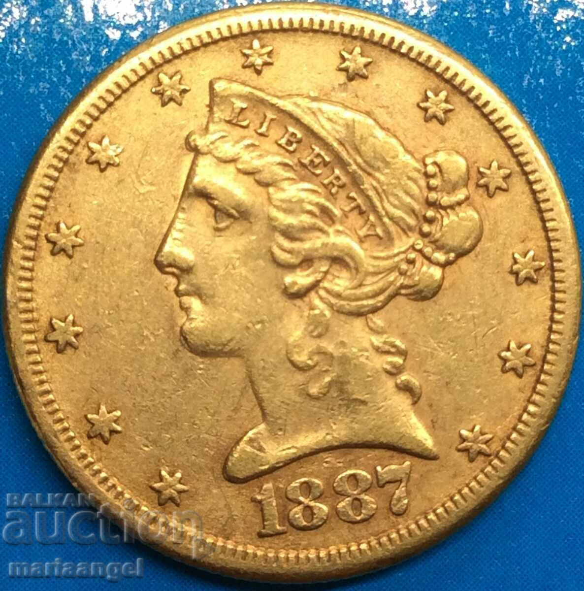 5 Dollars 1887 USA S Gold Liberty 8.36g 21.6mm