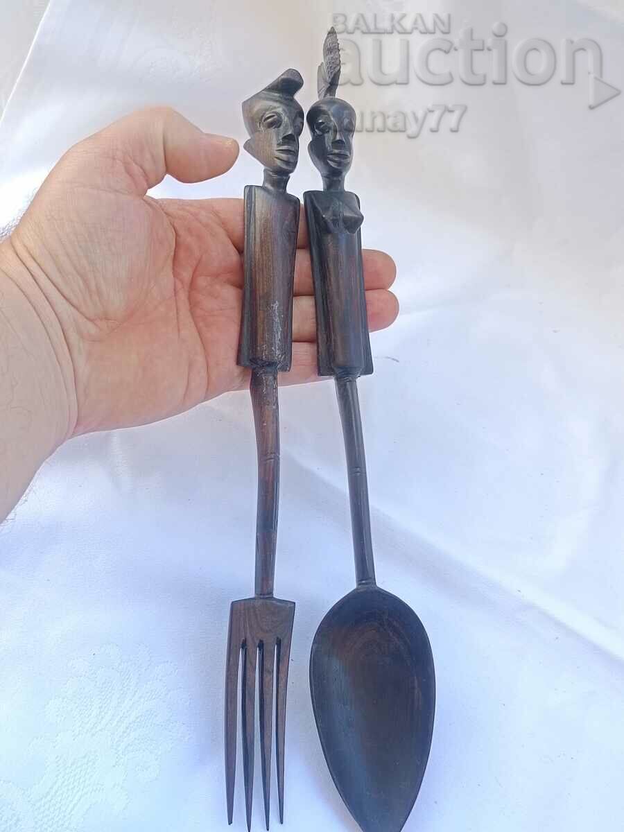 Vintage African EBONY wood spoon and fork