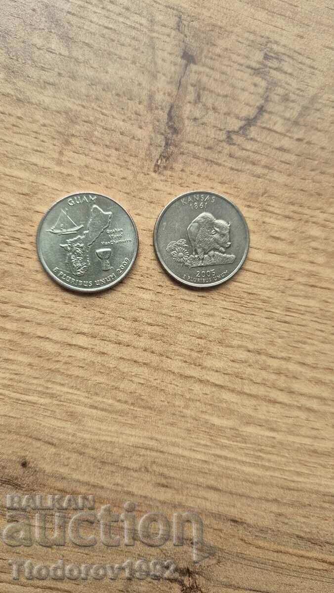 USA - 2 pieces 25 cents D Guam and Kansas