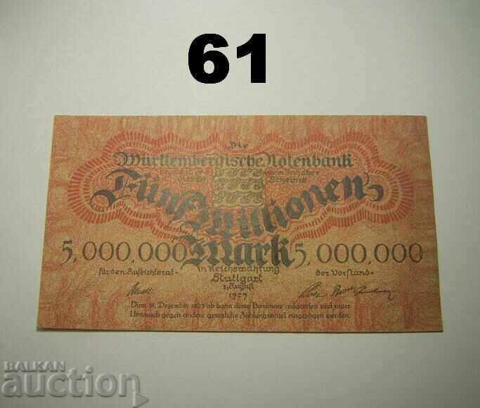 Wurttembergische Notenbank 5 million mark 1923 XF+ Germany with price 16.00 BGN | € 8.18 Wurttembergische Notenbank 5 million mark 1923 XF+ Germany with price 16.00 BGN | € 8.18