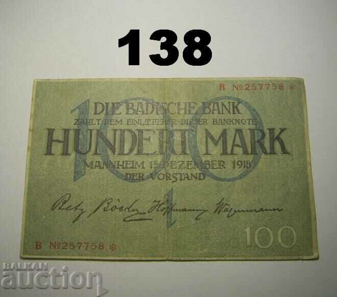 Baden 100 mark 1918 Badische Bank VF