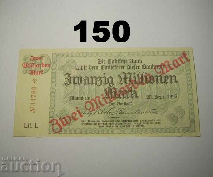 Baden 2 milliarden mark 1923 XF+ Badische Bank