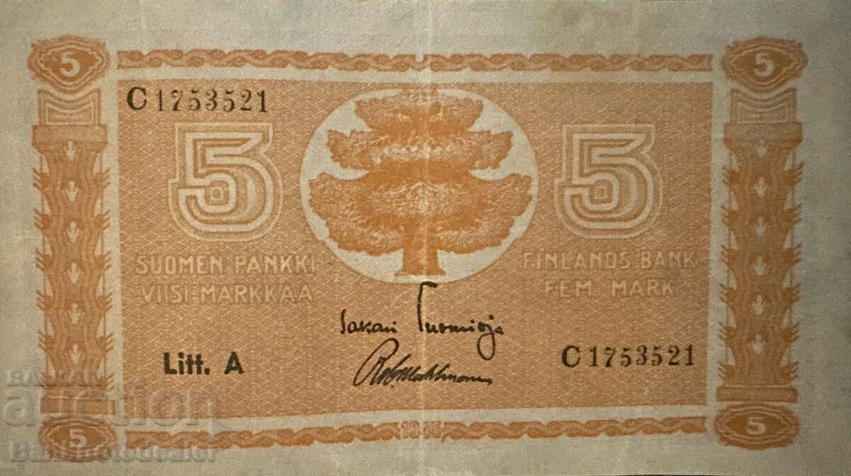 Finlanda 5 Markkaa 1945 Pick 77a Ref 3521