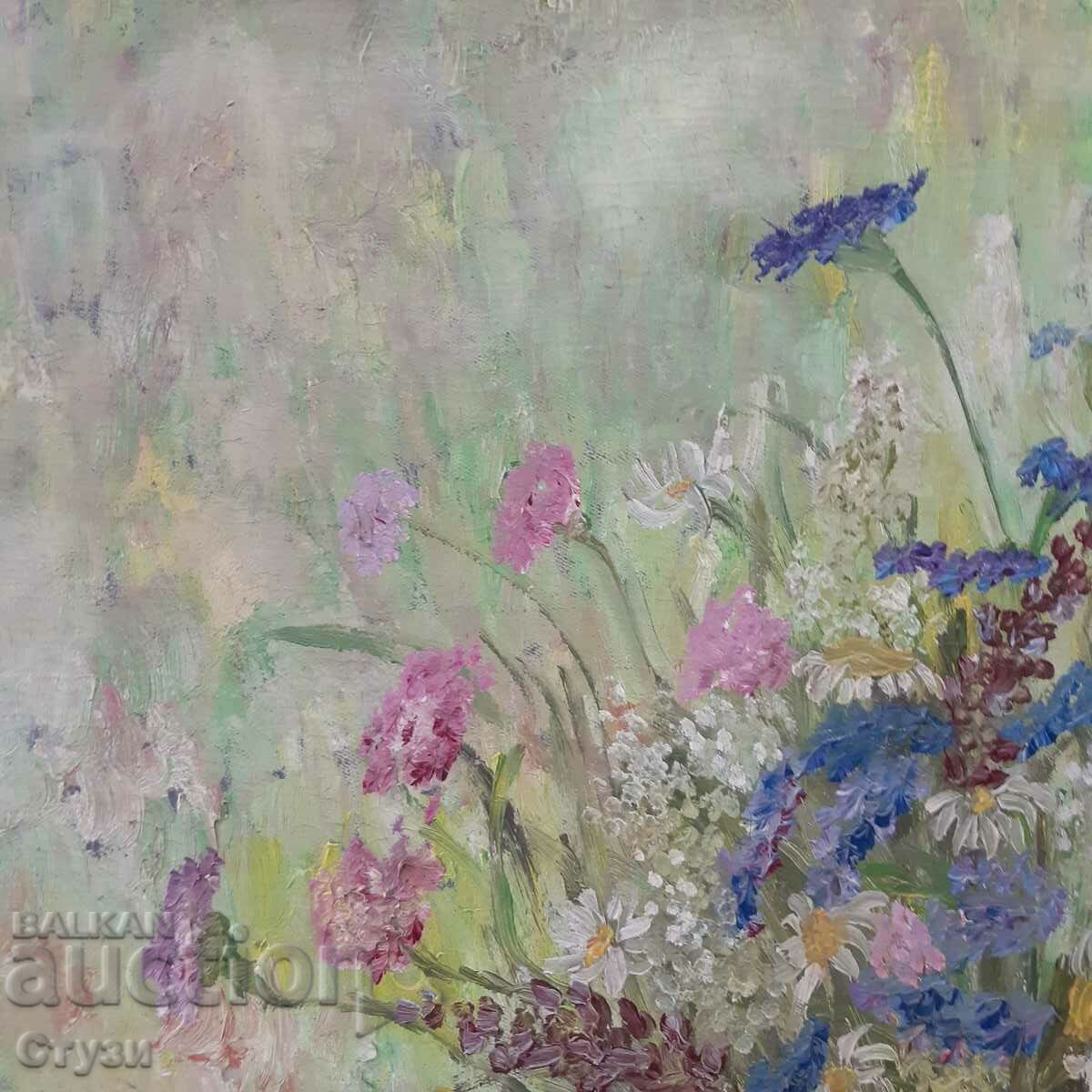 Master old painting "Delva with flowers", oil, 67x56 cm with price 190.00 BGN | € 97.15 Master old painting "Delva with flowers", oil, 67x56 cm with price 190.00 BGN | € 97.15