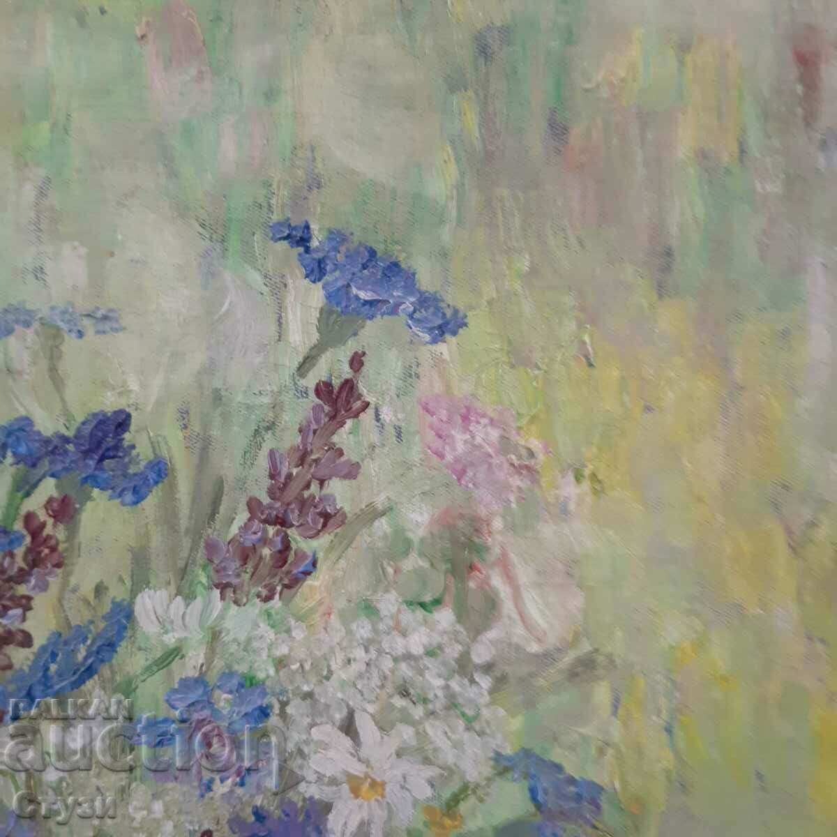 Delivery of Master old painting "Delva with flowers", oil, 67x56 cm Delivery of Master old painting "Delva with flowers", oil, 67x56 cm