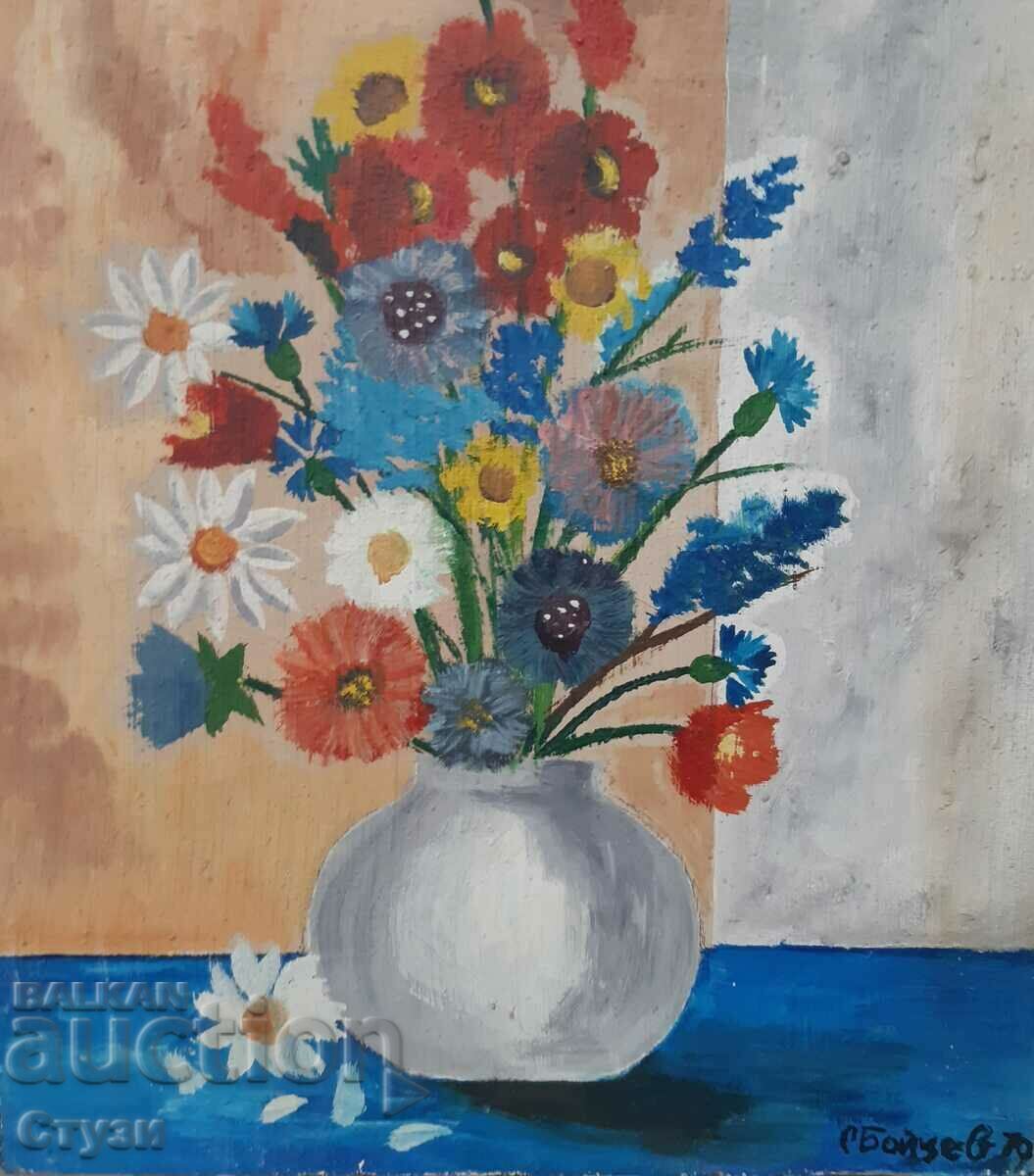 S. Boychev, "Vase with flowers", 1979, oil, 48.5 x 44 cm