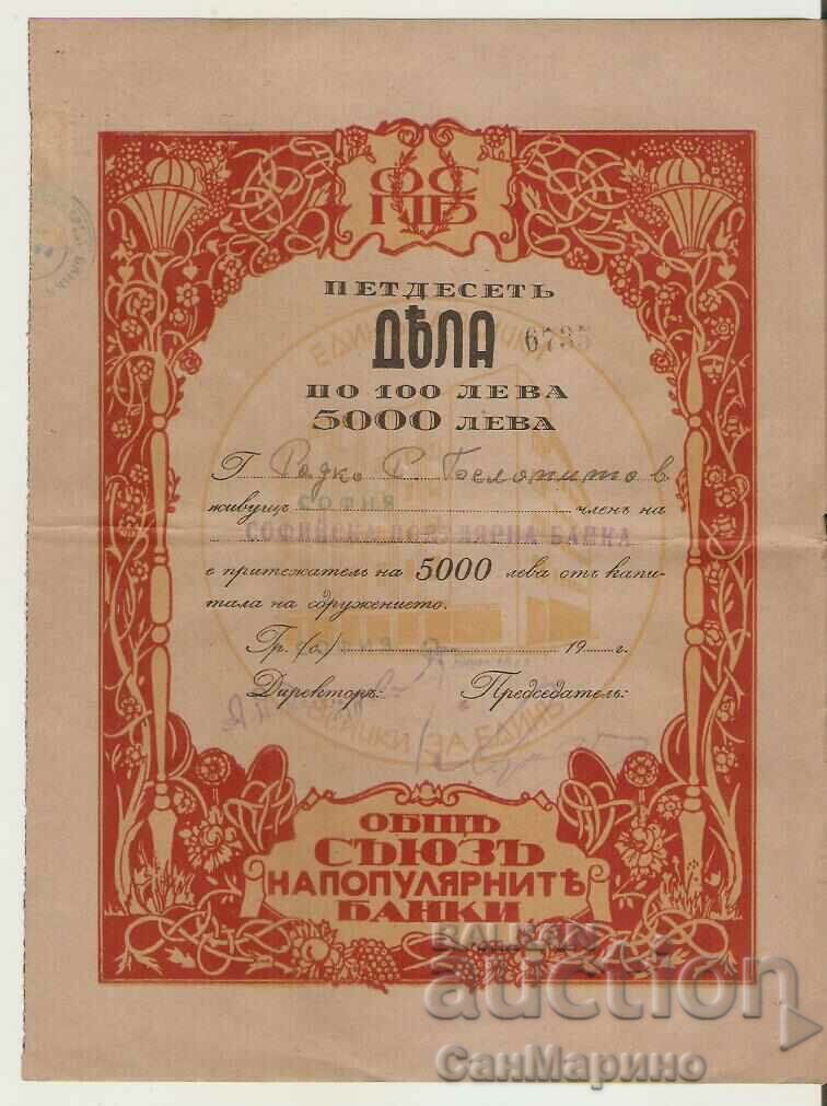 Μερίδιο Sofia Popular Bank 5000 BGN 1946