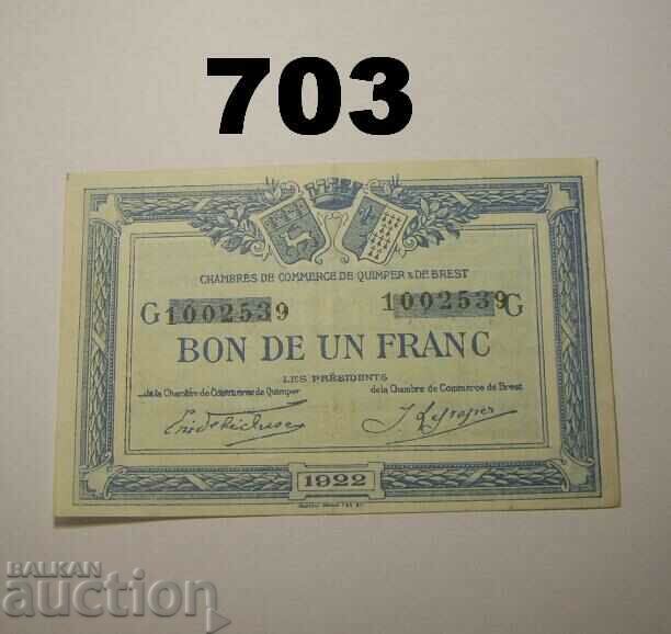 France 1 franc 1922 XF Quimper & De Brest