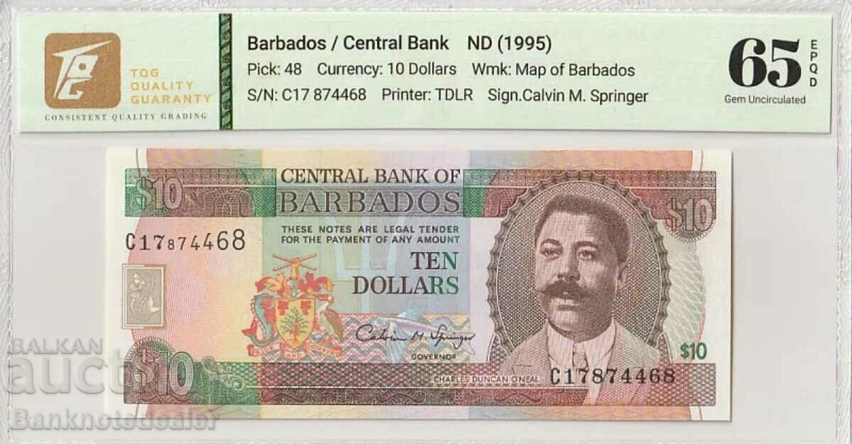 Barbados 10 dolari 1995 Pick 48 TQG 65