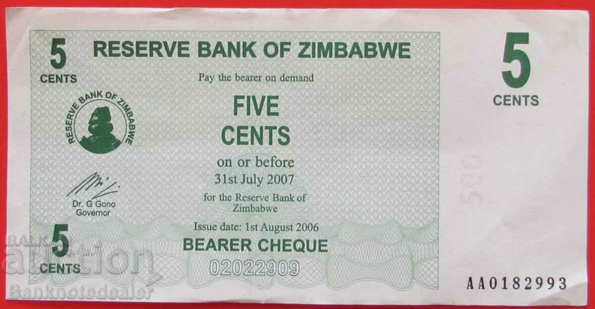 Zimbabwe 5 Centi 2007 Pick 34 Ref 2993