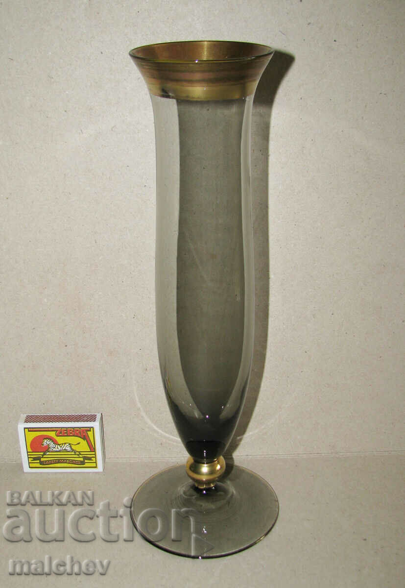 Old vase 27 cm of smoked glass with gilding, preserved