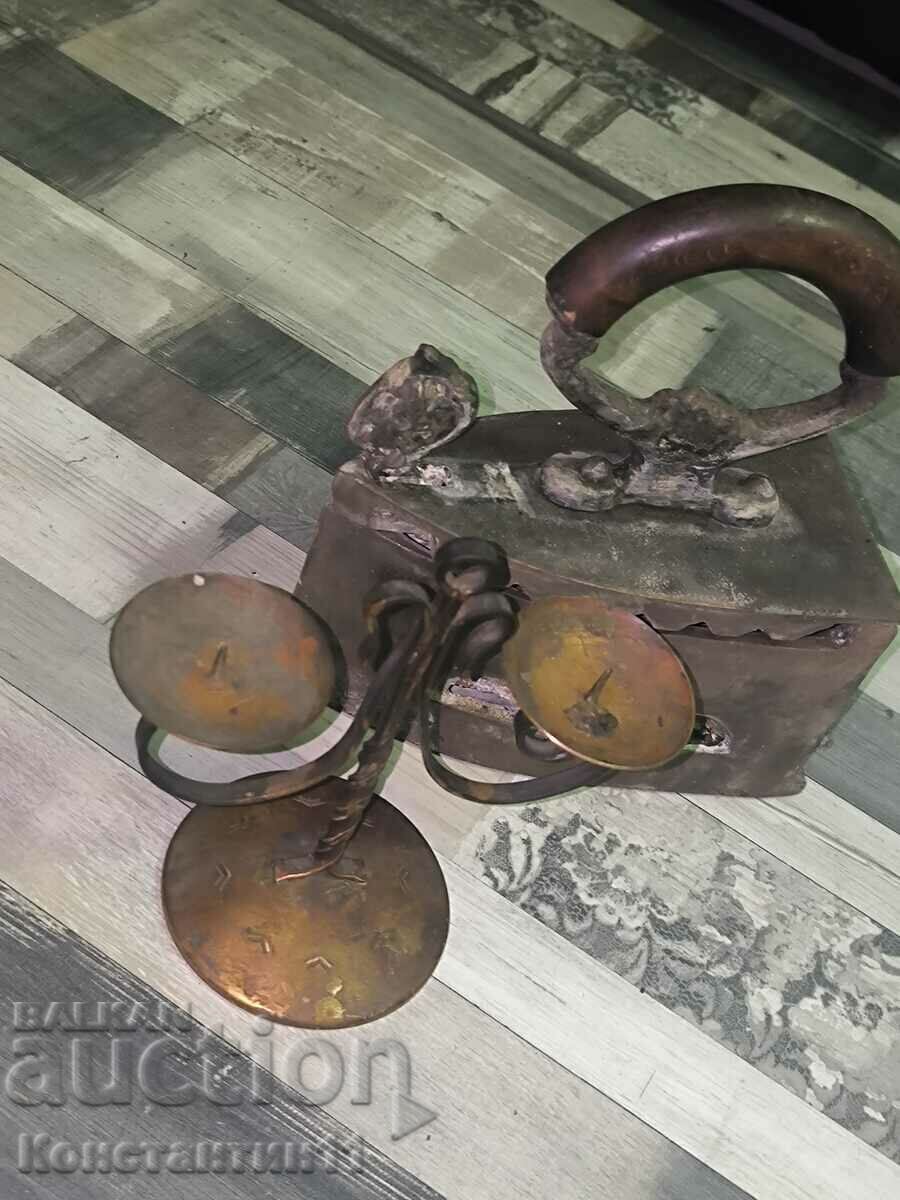 Old coal iron + copper candlestick