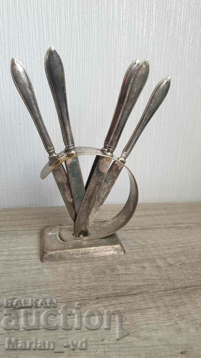 Old silver plated fruit knives with stand - 5 Old silver plated fruit knives with stand - 5