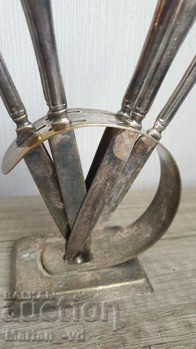 Old silver plated fruit knives with stand - 6 Old silver plated fruit knives with stand - 6